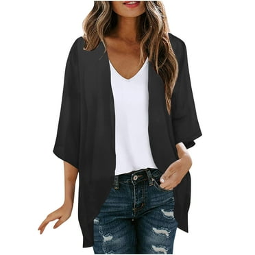 RbCulf Women's Open Front Cardigans Lightweight Sheer Chiffon Kimono 3/4 Sleeve Loose Shawl Tops Swimsuit Coverups Summer Outfits