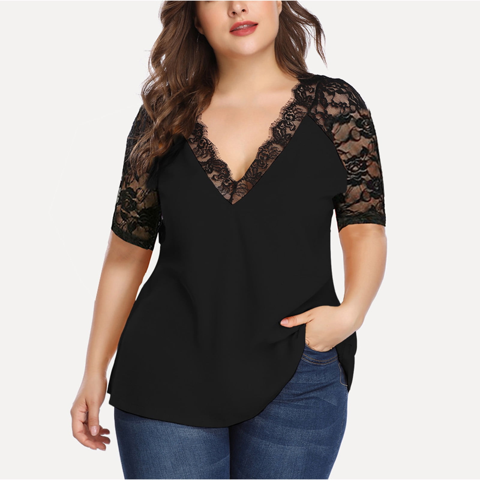 Rbaofujie Bra Tank Top Plus Size Womens Casual Half Sleeve Solid Lace V