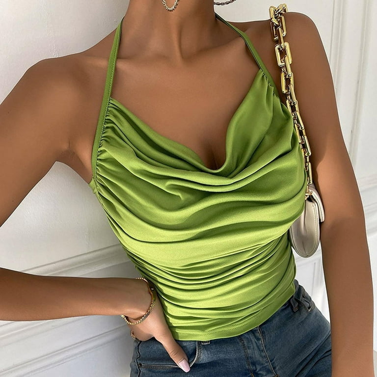 Rbaofujie Built In Bra Tank Tops for Women Women'S Casual Sexy Fashion  Summer Halter Neck Vest Pile Collar Tube Top Small Suspender Blouse Sumer  Clothes Green Tank Top Deals 