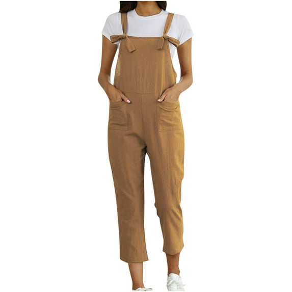 Rbaofujie Womens Jumpsuits, Women's Fashion Solid Color Large Size Literary Straps Casual Trousers Jumpsuit Brown