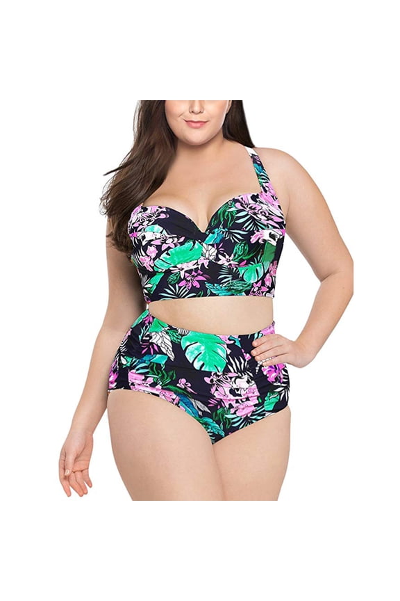 Womens Plus Size Two Piece Swimsuits Floral Print Bathing Suit Halter Ruched High Waist Bikini with Bottom