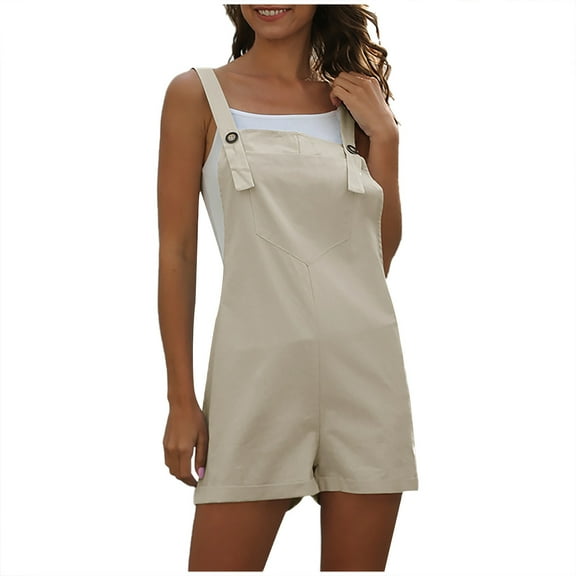 Rbaofujie Women Sleeveless Linen Short Overalls with Pockets Loose Fit Summer Casual Jumpsuits Wide Leg Bib Rompers for Casual Beige