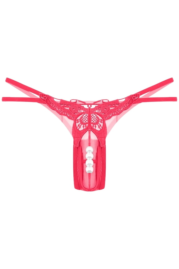 Rbaofujie Women's Pearl T Back G String Embroidery Rose Flowers Beaded Thong Panty Underwear Micro UnderpantWatermelon Red Free Size Period Underwear for Teens