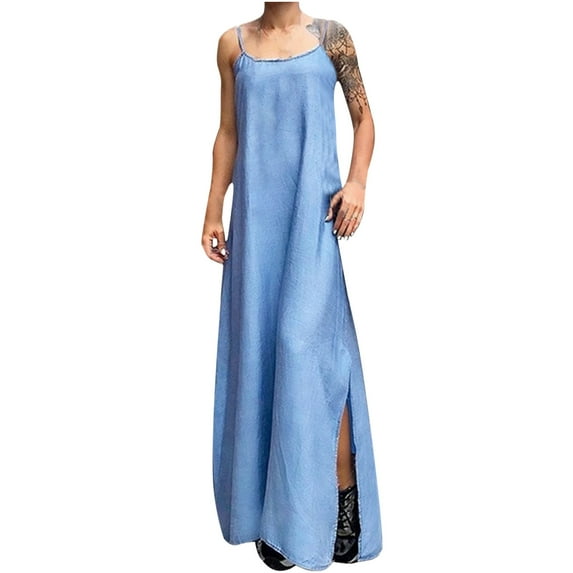 Rbaofujie Womens Dresses Women's Fashion Suspenders Loose Denim Tube Top Dress Split Long Skirt Blue