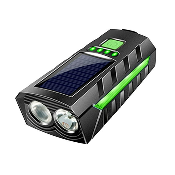 Bike Light Solar Powered Bicycle Headlight with Horn USB Rechargeable 2400mAh Battery LED Front Light for Night Cycling Safety Green
