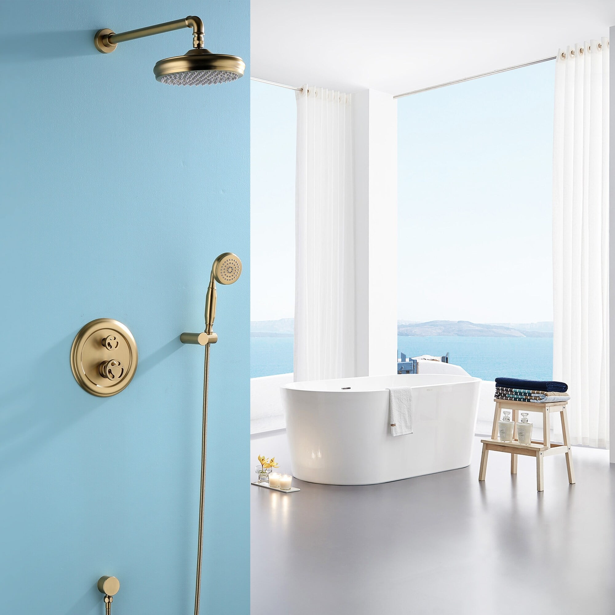 Brushed Gold Multi-Head Rain Shower System with Handheld