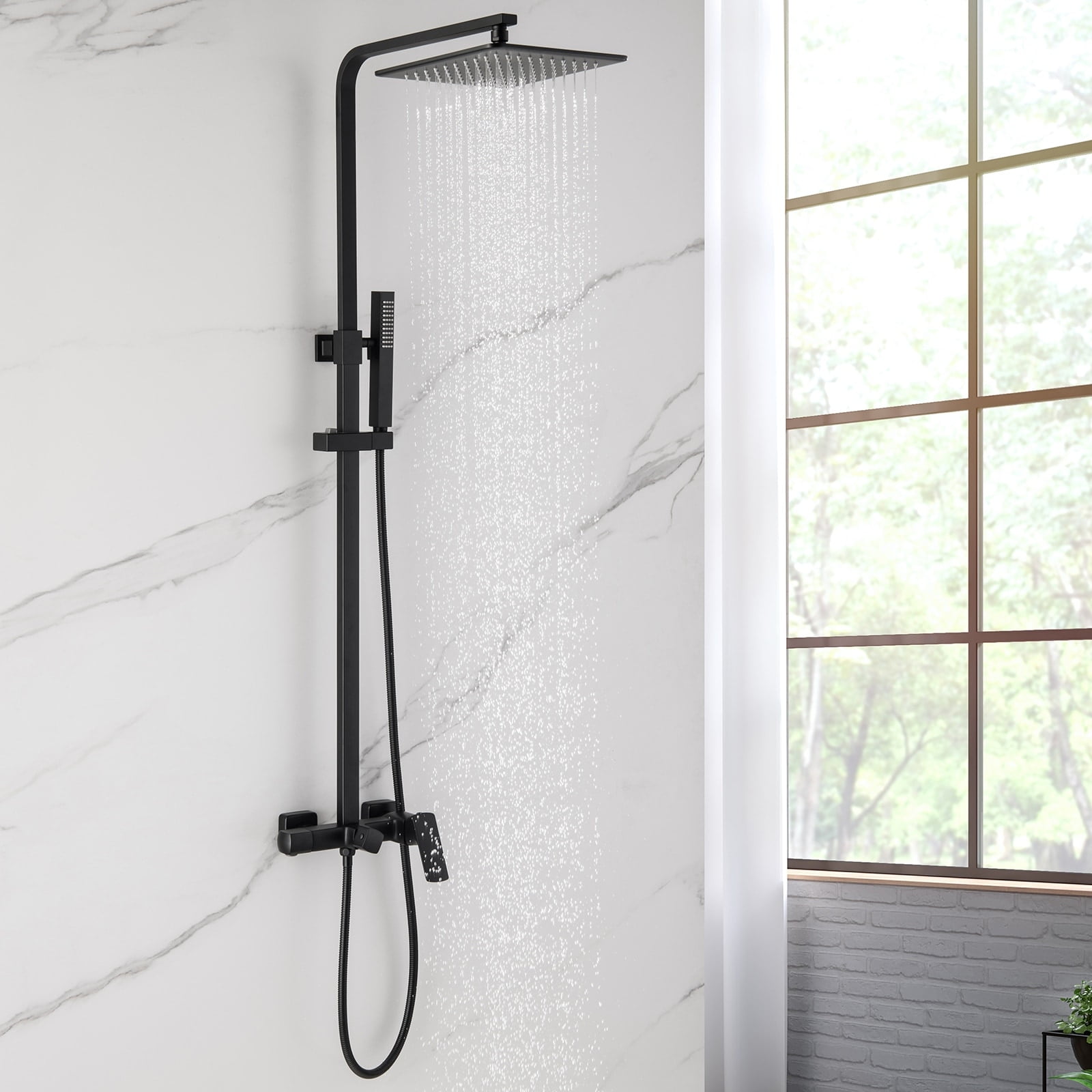 Matte Black Wall-Mounted Rain Shower System with Handheld