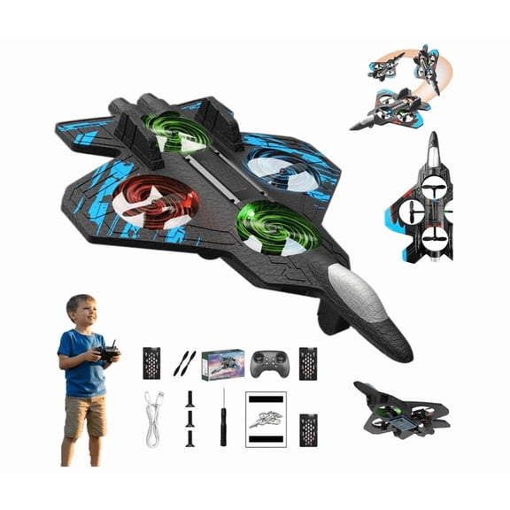 Rc Jet,Rc Stunt Fighter Jet Toy with 360° Flips & LED Lights, Christmas Remote Control Helicopter,Stunt Roll,Foam Remote Control Airplanes RC Planes for Adults (Blue|Single Cell)