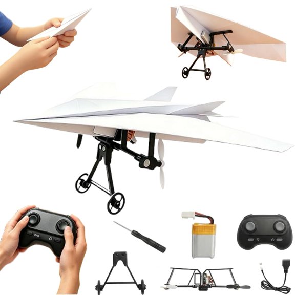 Rc Paper Airplane Kit - DIY Electric Remote Control Plane with Gyro Stabilizer,Dual Propellers Rc Plane Kit,Lightweight Foldable Flying Stem Toy Micro Fixed Wing Drone,Cool Tech Gadgets Gifts