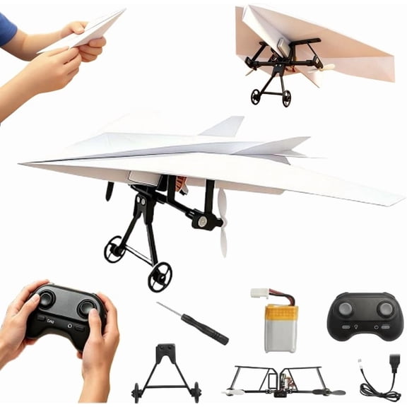 Rc Paper Airplane Kit - DIY Electric Remote Control Plane with Gyro Stabilizer,Dual Propellers Rc Plane Kit,Lightweight Foldable Flying Stem Toy Micro Fixed Wing Drone,Cool Tech Gadgets Gifts
