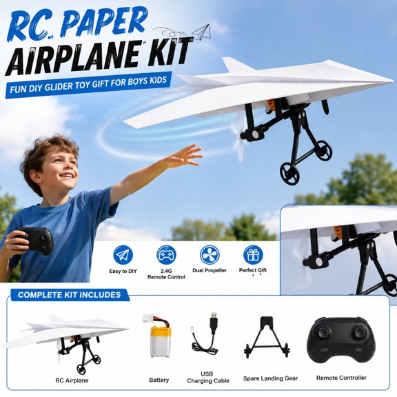 Rc Paper Airplane Kit - DIY Electric Remote Control Plane with Gyro Stabilizer,Dual Propellers Rc Plane Kit,Lightweight Foldable Flying Stem Toy Micro Fixed Wing Drone,Cool Tech Gadgets Gifts