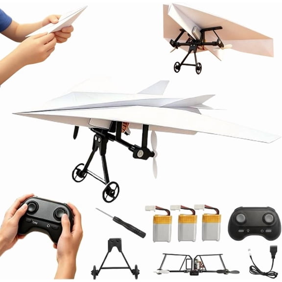 Rc Paper Airplane Kit - DIY Electric Remote Control Plane with Gyro Stabilizer,Dual Propellers Rc Plane Kit,Lightweight Foldable Flying Stem Toy Micro Fixed Wing Drone,Cool Tech Gadgets Gifts