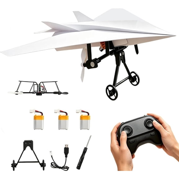Rc Paper Airplane Kit with Gyro Stabilizer, DIY Electric Remote Control Plane with Dual Propellers, Foldable Flying Stem Toy, Easy to Fly for Hobbyists, Pilots, Tinkerers