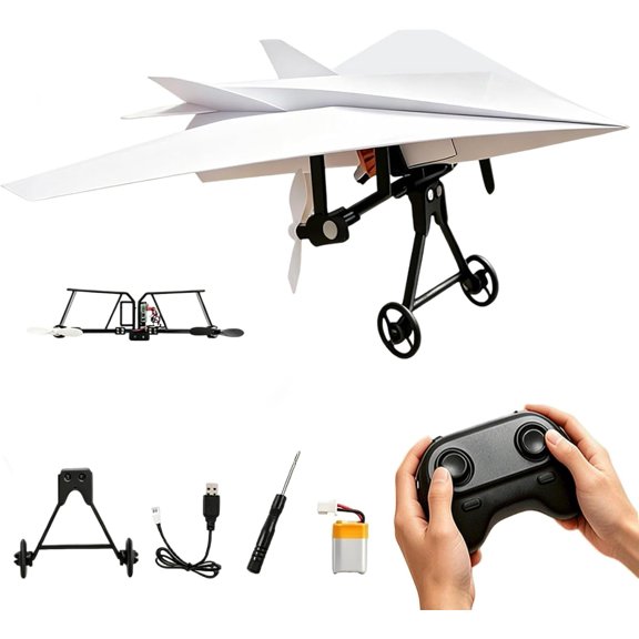 Rc Paper Airplane Kit with Gyro Stabilizer, DIY Electric Remote Control Plane with Dual Propellers, Foldable Flying Stem Toy, Easy to Fly for Hobbyists, Pilots, Tinkerers