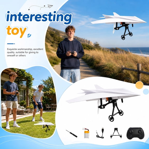 Rc Paper Airplane Kit with Gyro Stabilizer – DIY Electric Remote Control Plane with Dual Propellers, Lightweight Foldable Flying Stem Toy Micro Fixed Wing Drone(Mirrorless Camera) 1pcs-1battery