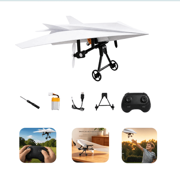 Rc Paper Airplane Kit with Gyro Stabilizer – DIY Electric Remote Control Plane with Dual Propellers, Lightweight Foldable Flying Stem Toy Micro Fixed Wing Drone (Single Battery)