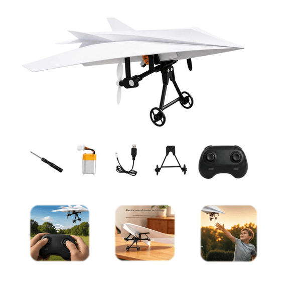 Rc Paper Airplane Kit with Gyro Stabilizer – DIY Electric Remote Control Plane with Dual Propellers, Lightweight Foldable Flying Stem Toy Micro Fixed Wing Drone (Single Battery)