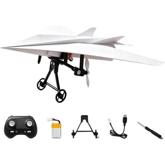 Rc Paper Airplane Kit with Gyro Stabilizer DIY Electric Remote Control Plane with Dual Propellers, Lightweight Foldable Flying Stem Toy Micro Fixed Wing Drone (White)