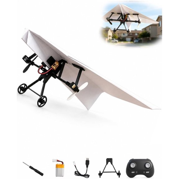 Rc Paper Airplane Kit with Gyro Stabilizer DIY Electric Remote Control Plane with Dual Propellers, Lightweight Foldable Flying Stem Toy Micro Fixed Wing Drone
