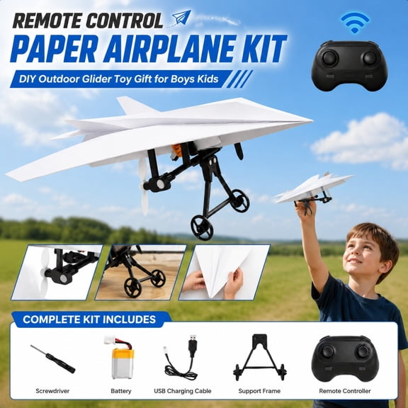 Rc Paper Airplane Kit with Gyro Stabilizer – DIY Electric Remote Control Plane with Dual Propellers, Lightweight Foldable Flying Toy Electric Remote Control Paper Plane Drone Tech Gadgets Gifts