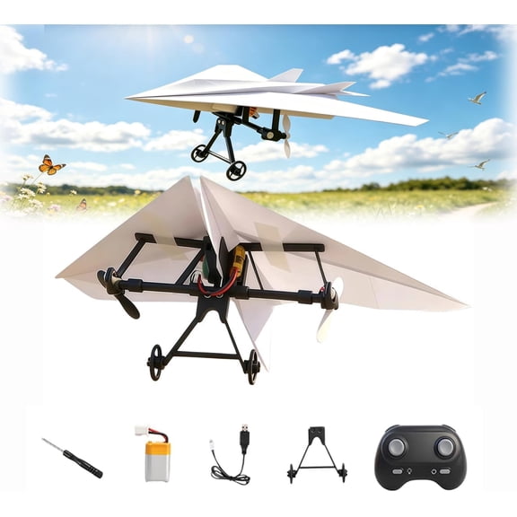 Rc Paper Airplane Kit with Gyro Stabilizer, DIY Electric Remote Control Plane with Dual Propellers, Lightweight Foldable Micro Fixed Wing Drone for Hobbyists and Beginner Flyers (1 Battery)
