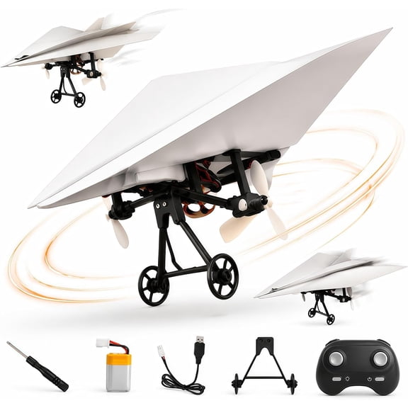 Rc Paper Airplane Kit with Gyro Stabilizer, DIY Electric Remote Control Plane, Lightweight Foldable Flying Toy Micro Fixed Wing Drone, for Hobbyists and Beginner (Single Battery)