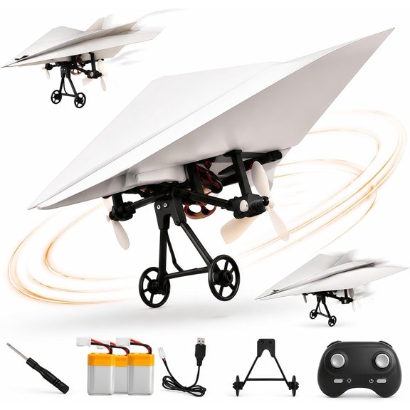 Rc Paper Airplane Kit with Gyro Stabilizer, DIY Electric Remote Control Plane, Lightweight Foldable Flying Toy Micro Fixed Wing Drone, for Hobbyists and Beginner (Three Electrics)