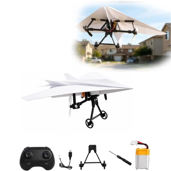Rc Paper Airplane Kit with Gyro Stabilizer DIY Model Airplanes Launcher Construction Set with Dual Propellers, Lightweight Foldable Flying Micro Fixed Wing Drone