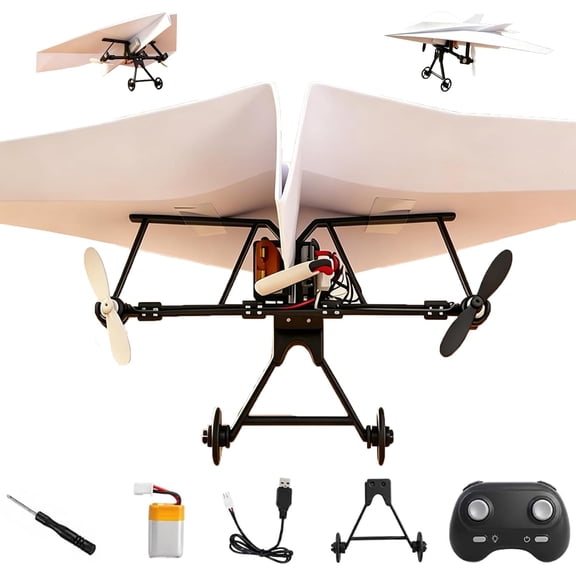 Rc Paper Airplane Kit with Gyro Stabilizer –DIY Model Airplanes Launcher Construction Set with Dual Propellers, Lightweight Foldable Flying Micro Fixed Wing Drone (Single Battery)