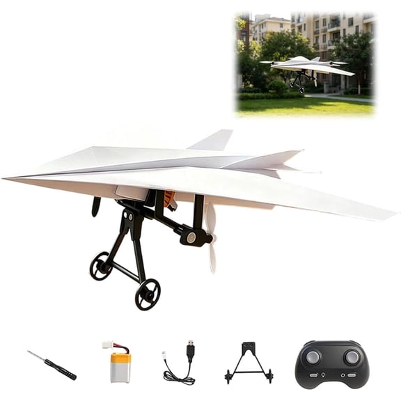 Rc Paper Airplane Kit with Gyro Stabilizer DIY Model Airplanes Launcher Construction Set with Dual Propellers, Lightweight Foldable Flying Micro Fixed Wing Drone (Paper Not Included)