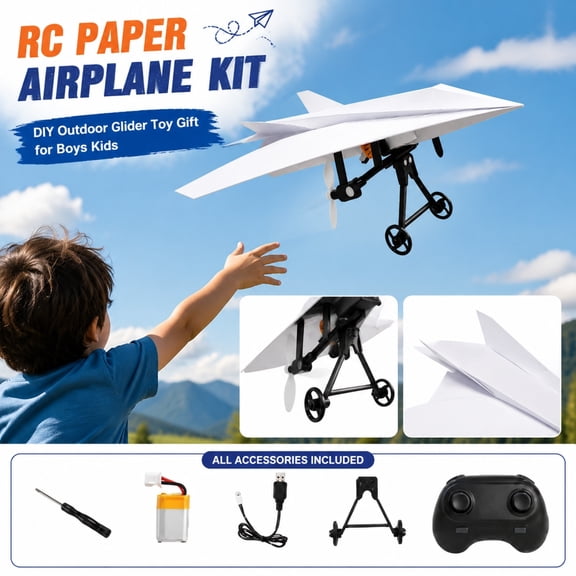 Rc Paper Airplane Kit with Gyro Stabilizer, DIY Model Airplanes Launcher Construction Set, Electric Remote Control Plane with Dual Propellers, Lightweight Glider Tool for Hobbyists (1*Batteries)