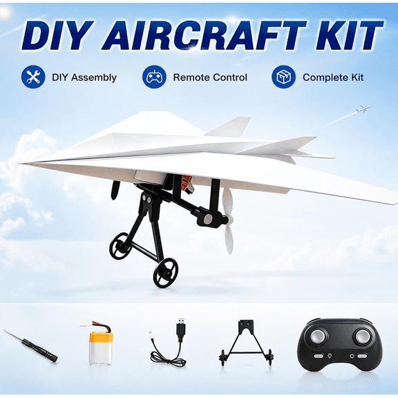 Rc Paper Airplane Kit with Gyro Stabilizer, DIY Model Airplanes Launcher Construction Set, Electric Remote Control Plane with Dual Propellers, Lightweight Glider Tool for Hobbyists 1pcs-1battery