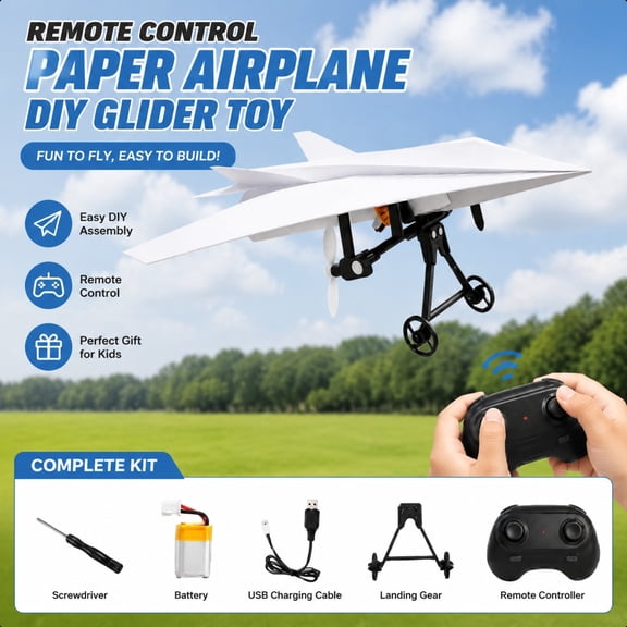 Rc Paper Airplane Kit with Gyro Stabilizer Electric Motor Powered Flying Glider DIY Craft Plane Outdoor Remote Control Flight Model Aerodynamic Cool Tech Gadgets Gifts Men Adults Hobby System