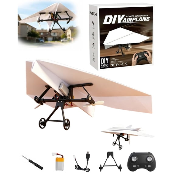 Rc Paper Airplane Motor Kit DIY Model Airplanes Launcher Construction Set with Gyro Stabilizer Dual Propellers Foldable Electric Remote Control Paper Plane Drone Stem Toy Tech Gadgets Gifts(Set 1)