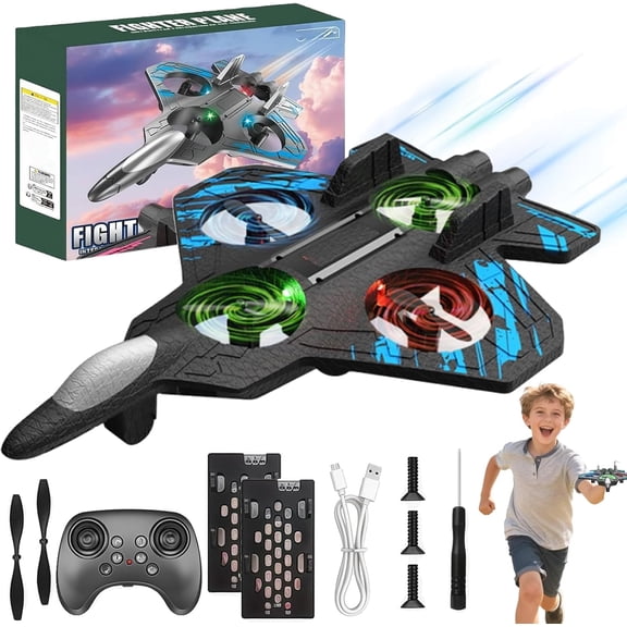 Rc Stunt Fighter Jet Toy, 2026 New Foam Remote Control Airplane with 360° Flips & Led Lights, Remote-Controlled Rc Fighter Jet Drone, for Beginners, Hristmas & Birthday Gift (Blue*2 Battery)