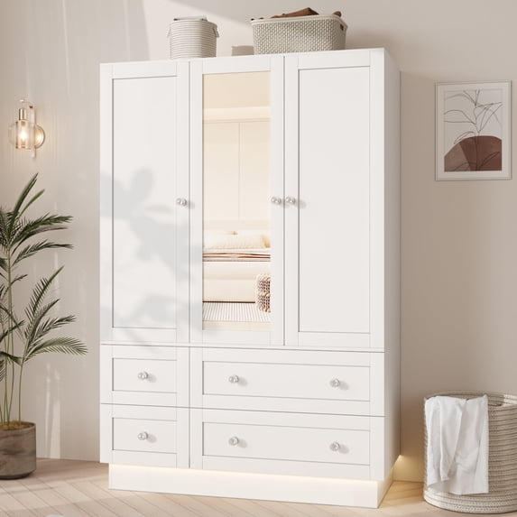Rchiya Bedroom Armoire Wardrobe Closet with 3 Doors and 4 Drawers, Mirror, RGB Lights, Hanging Rod, Bedroom, Living Room