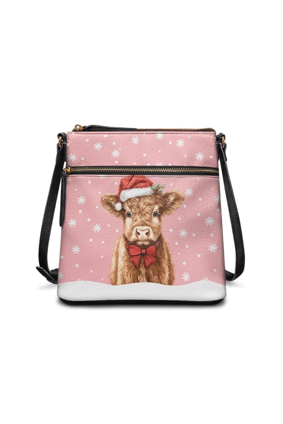 Christmas Highland Cow Snowflake Print Shoulder Handbag for Women Fashion Crossbody Bag Casual Satchel with Adjustable Wide Strap for Travel Shopping