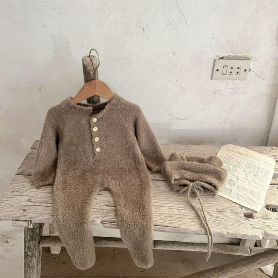 Rciityk 2PC Newborn Baby Girl Boy Fleece Romper Winter Clothes Cute Printed Crewneck Long Sleeve Button Bodysuit Outfits with Bear Ear Hat