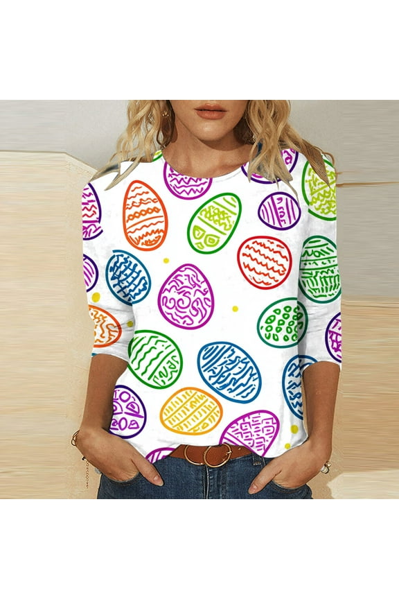 3/4 Length Sleeve Shirts for Women Happy Easter Bunny Eggs Printed Tees Blouses Casual Loose Crew Neck Pullover Holiday T-shirt