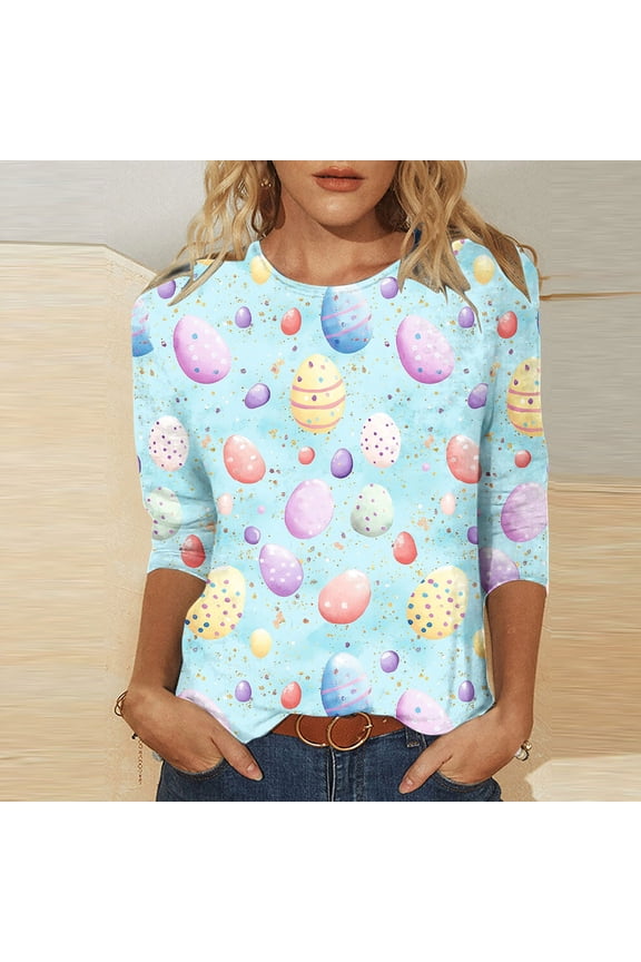 3/4 Length Sleeve Shirts for Women Happy Easter Bunny Eggs Printed Tees Blouses Casual Loose Crew Neck Pullover Holiday T-shirt