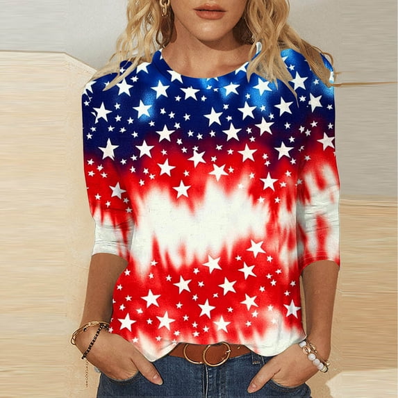 Rciityk 3/4 Length Sleeve Womens Tops 4th of July Casual Loose Red White Blue Print Crew Neck Patriotic Print Summer Top