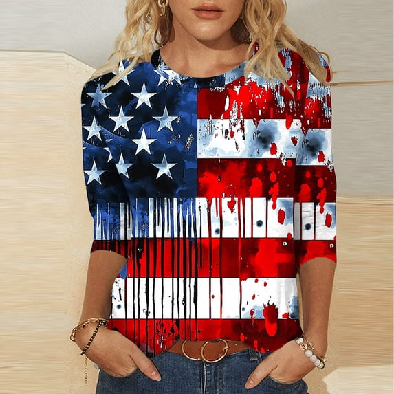 Rciityk 3/4 Sleeve Tops for Women Patriotic Independence Day Star Striped Print Crew Neck Summer Tops - 4th of July