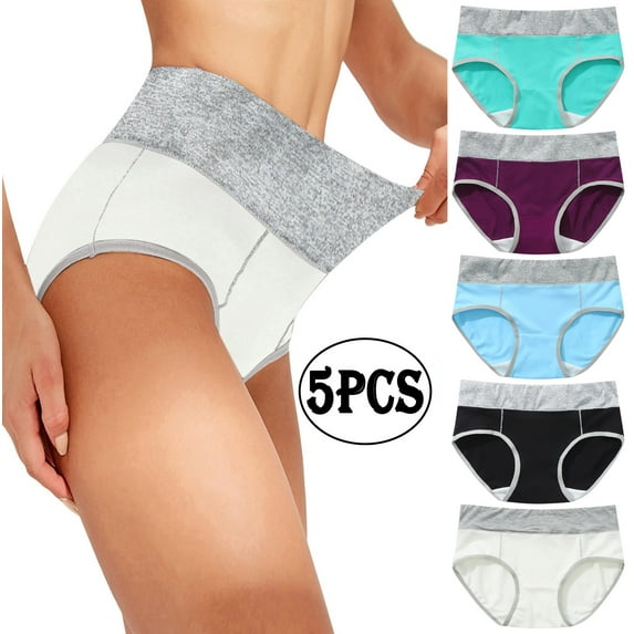 Rciityk 5PC Womens Cotton Underwear High Waist Stretch Briefs Soft Patchwork Underpants Full Coverages Panties