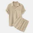 thumbnail image 1 of Rciityk Beige Mens Short Sets 2 Piece Outfits Summer Beach Tracksuits Casual Turndown Collar Solid Short Sleeve T Shirts and Shorts Outfits, 1 of 1