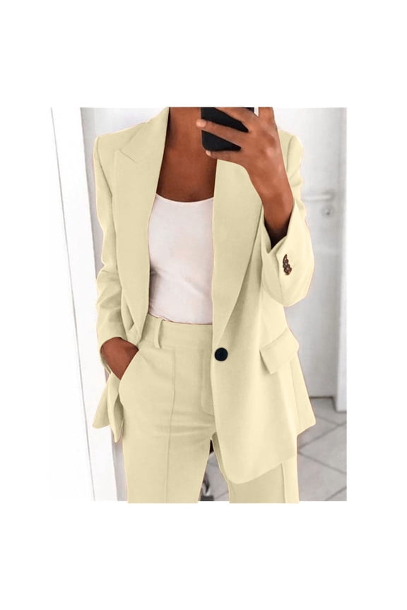 Beige Pants Suits for Women 2 Piece Blazer Sets Casual Open Front Blazer Pant Suit Business Outfits Solid Long Sleeve Blazer and Slim Pant Sets with Pockets