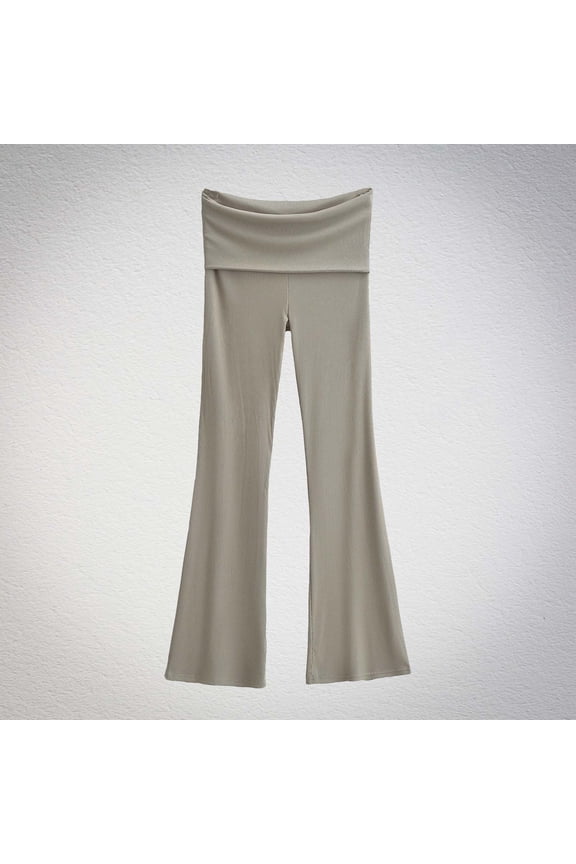 Beige Women's Flare Leggings Fold Over Yoga Pants Lounges Soft Comfy Solid Workout Stretch Bell Bottom Pants