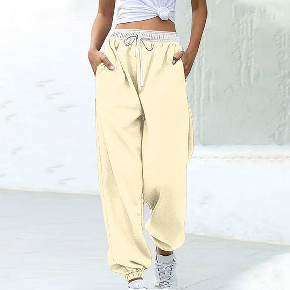 Rciityk Beige Women's Jogger Sweatpants Fall Winter Baggy Color Block Elastic Waist Drawstring Workout Pants Athletic Running Lounges Trousers with Pockets - Fall/Winter Savings Clearance
