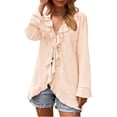 thumbnail image 1 of Rciityk Beige Women's Long Sleeve Cardigan Casual Ruffle V-neck Tie Solid Cardigan Fall Lightweight Open Front Cardigan, 1 of 5