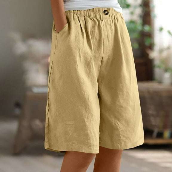 Rciityk Bermuda Shorts for Women Casual Summer Long Short with Pockets Solid Color High Elastic Waist Drawstring Wide Lag Shorts Beach Vacation Outfits Yellow XL