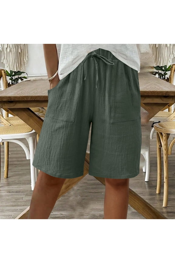 Bermuda Shorts for Women Casual Summer Long Short with Pockets Solid Color High Elastic Waist Drawstring Wide Lag Shorts Beach Vacation Outfits